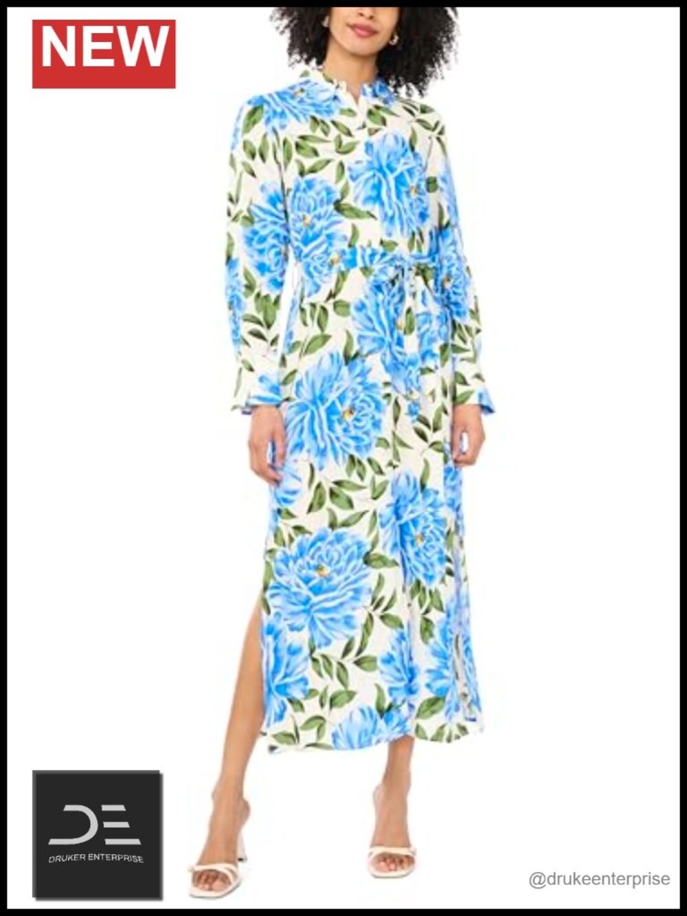 Floral Collared Belted Midi Shirt Dress Roll Tab Sleeve